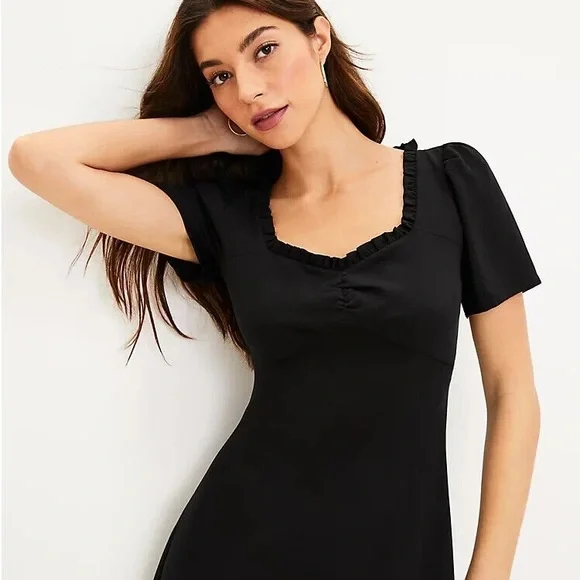 knee length dresses for ladies Ann Taylor LOFT Black Wool Blend A-Line Dress with Twisted Neckline –  SilkRoll main image 0